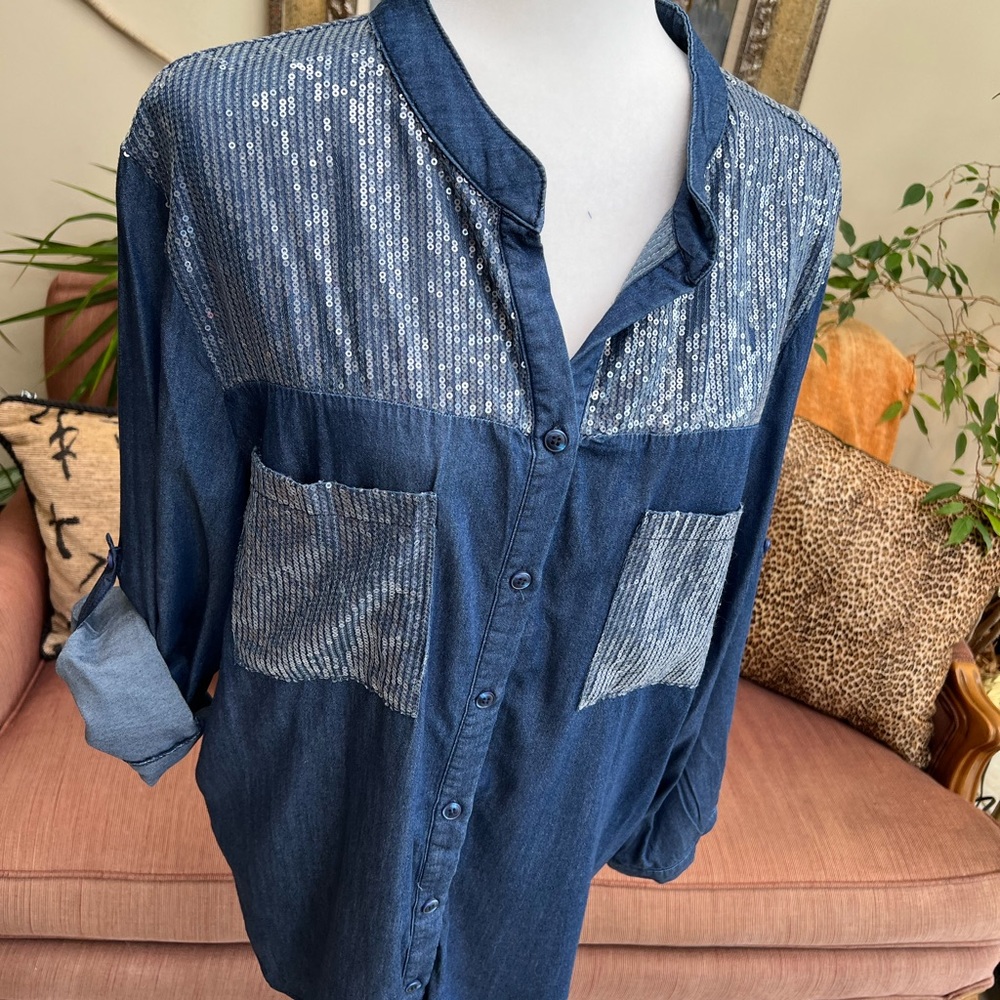 Flora Ashley Denim Look Large Blouse With Sequin Accents